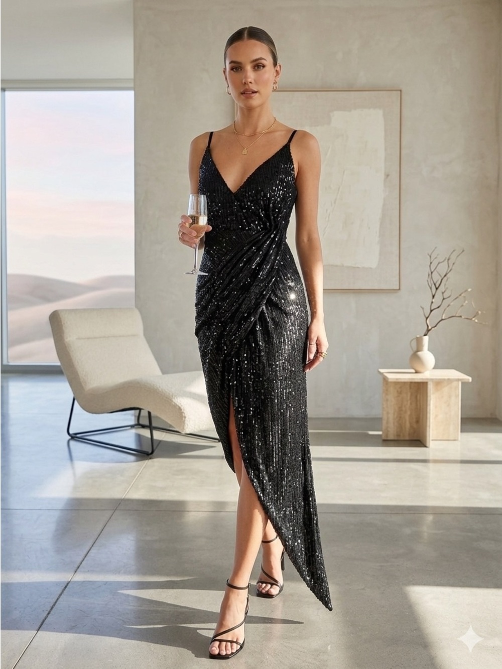 Black Sequin Plunge V-Neck Asymmetrical Dress Gown - Small